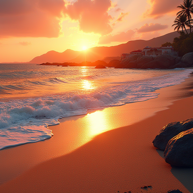 A beach with green mountains and tropical palms in the background, and the volumetrical rays of sunlight beaming over the mountain-tops