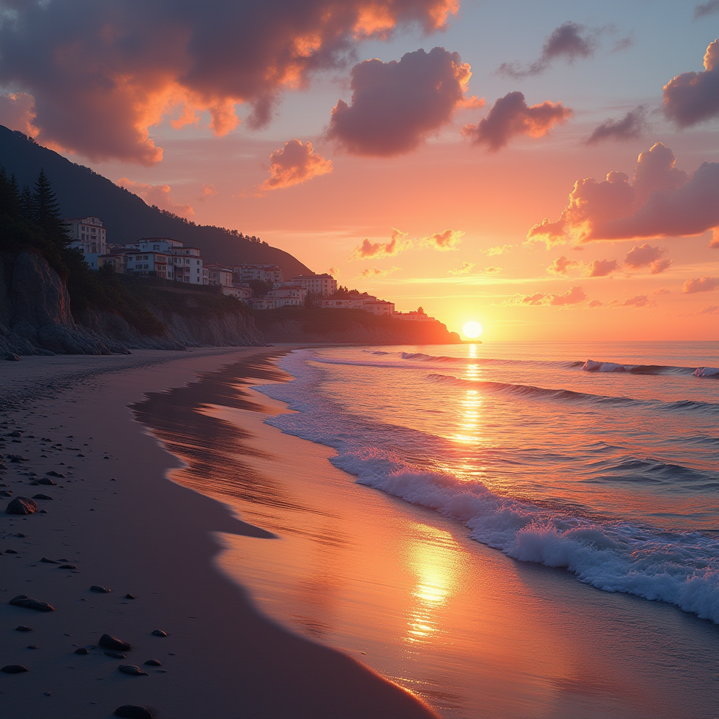 A beuatiful beach set with a background of a small italian-styled village situated on the coast surrounded by tropical overhanging palm trees.
