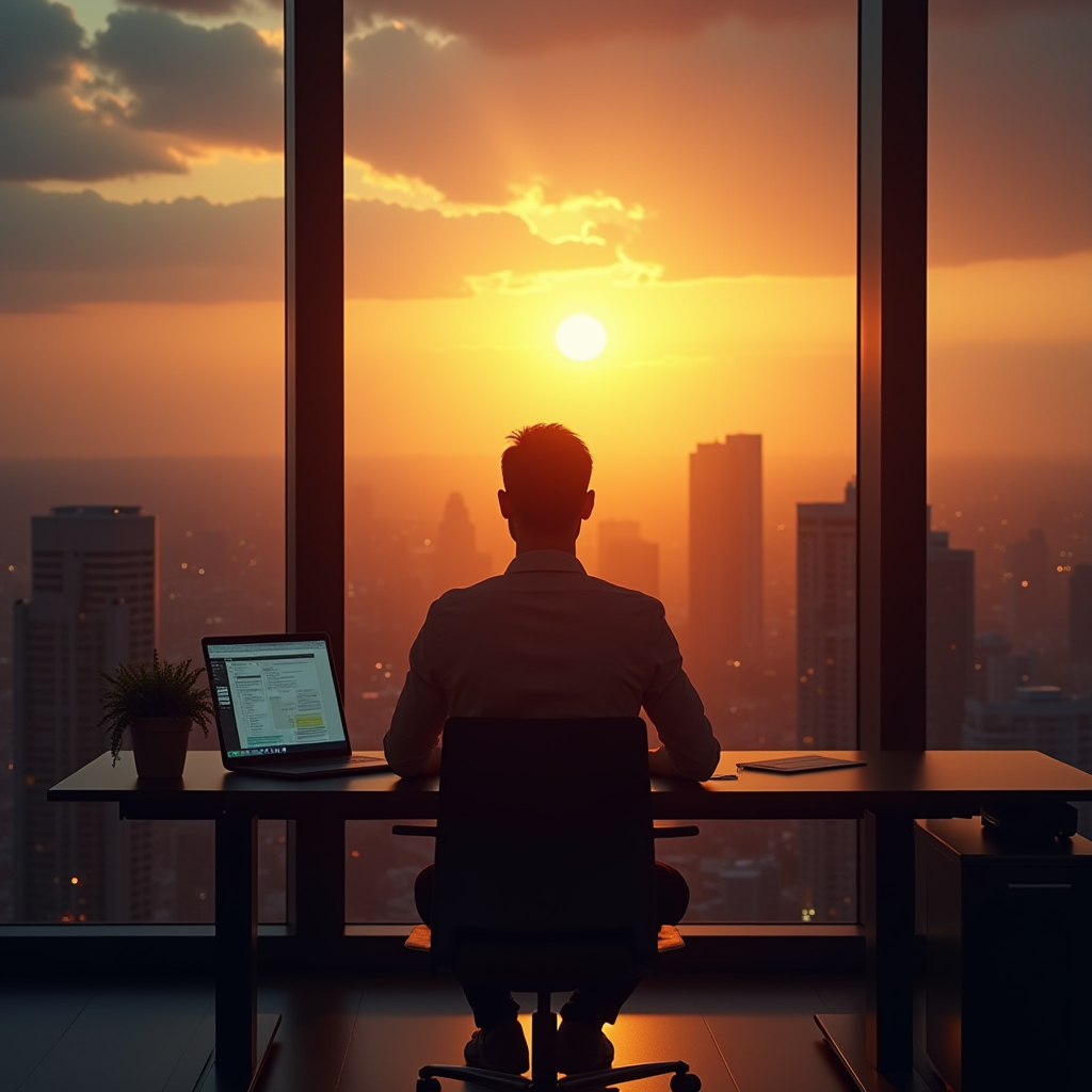 an image of an individual working within an office of a high-rise building, with the sun setting over the city in the bakcground.