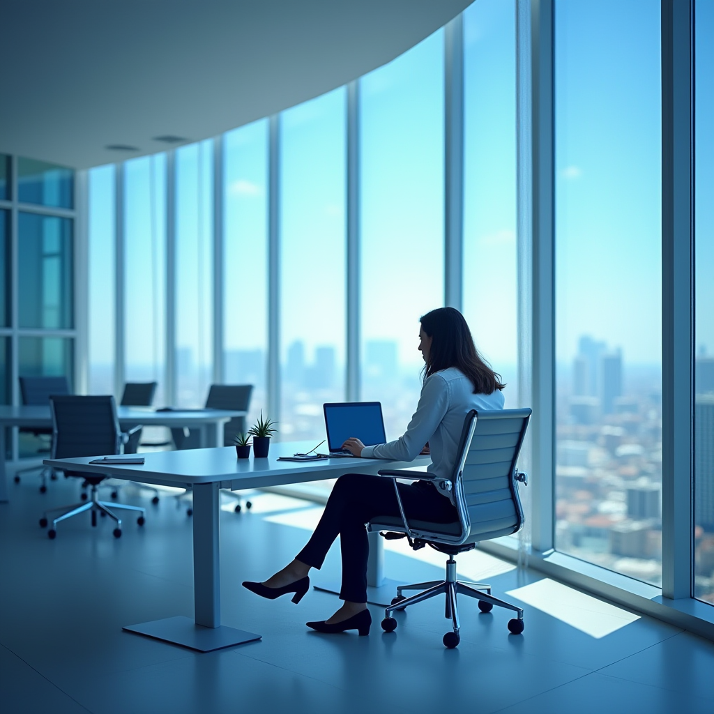 an image of an individual working in a high-rise building with the sun shining brightly over the city in the background.
